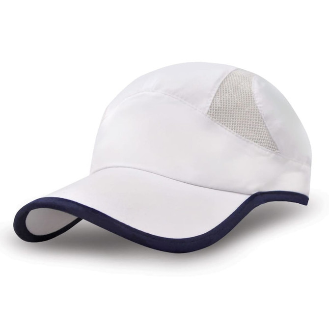 A white cap with a navy peak and mesh panels, featuring a logo on the side.