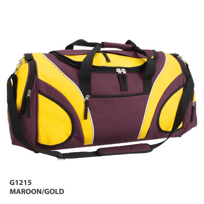 A maroon and gold duffle bag featuring multiple zippered compartments and a shoulder strap. It also has a logo.