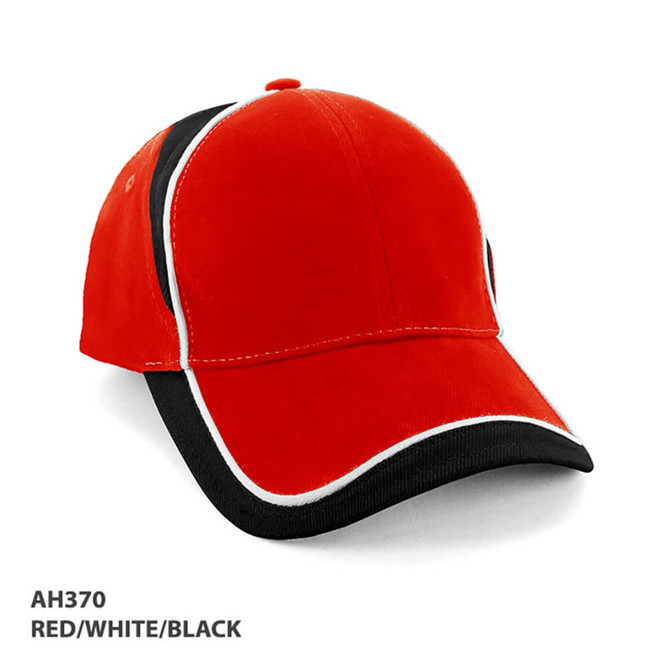 A red, white, and black cap with a curved brim and contrasting details, featuring a logo.