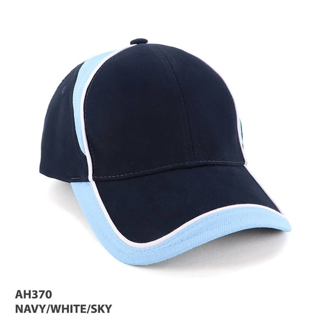 A navy, white, and sky cap featuring a logo, with a curved brim and structured design.