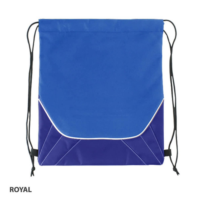 A royal blue drawstring bag with a contrasting purple base and white piping, featuring black drawstrings.