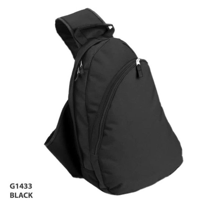 A black slingpack with a zippered compartment and a side pocket, featuring a logo.