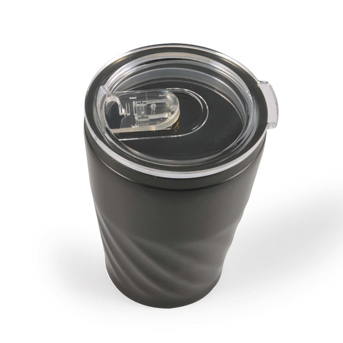 A reusable coffee cup with a textured black exterior and a clear, flip-top lid.