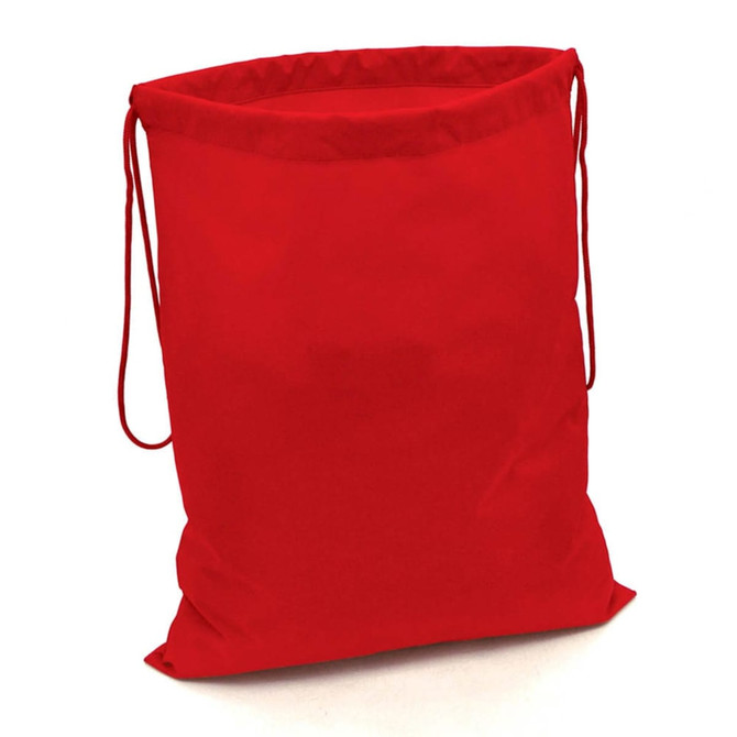 A bright red drawstring bag with a cinched top and adjustable cords, featuring a simple design and a logo.