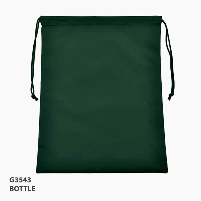 A drawstring bag in dark green, featuring a simple design and a logo. Suitable for various carrying needs.