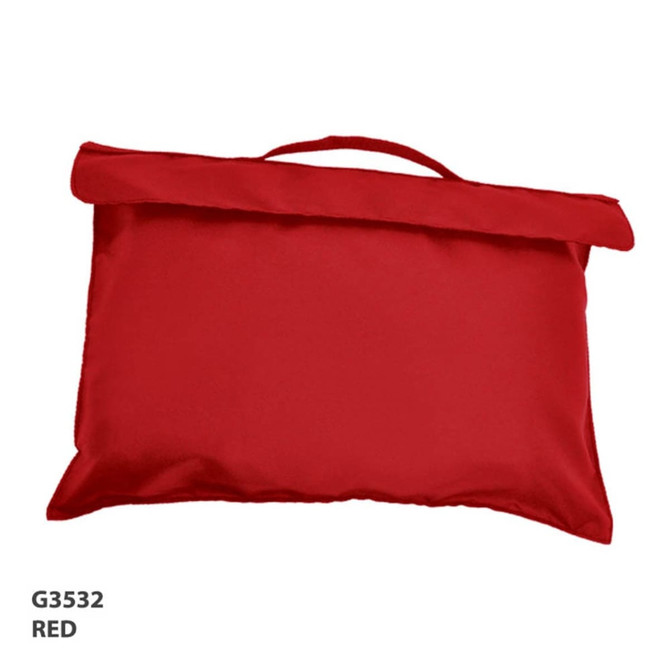 A red Bryce Library Bag with a handle, featuring a simple design and a logo.