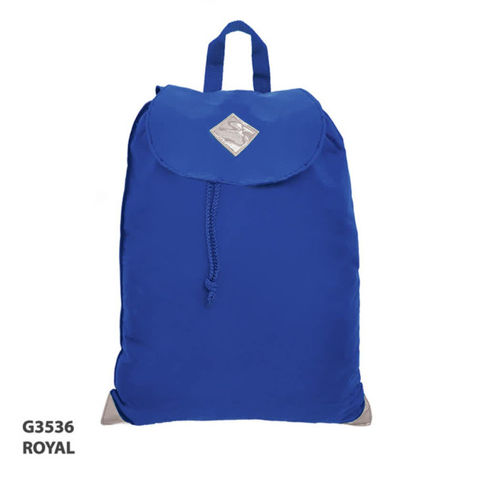 A royal blue satchel bag with a flap and a drawstring closure, featuring a logo at the front.