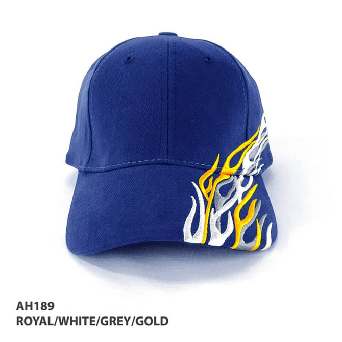 A blue cap featuring flame graphics in yellow and white, with grey accents and a logo on the side.