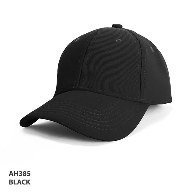 A black mesh cap with a curved brim and a fitted design, featuring a logo on the front.