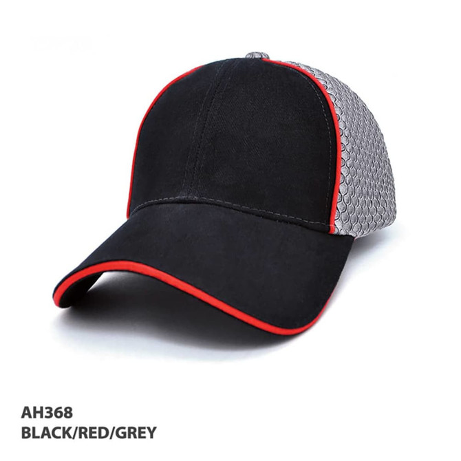A cap featuring a black front with a red trim and grey mesh back, complete with a logo.