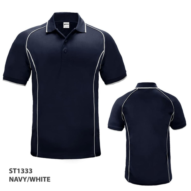 A navy and white polo shirt with short sleeves and contrasting piping. Features a logo on the front.