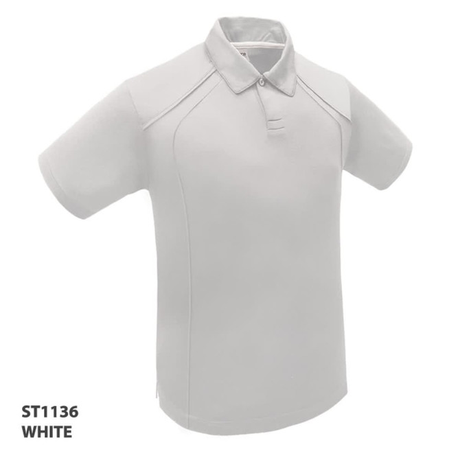 A white polo shirt with short sleeves and a collar. It has a logo on one side.