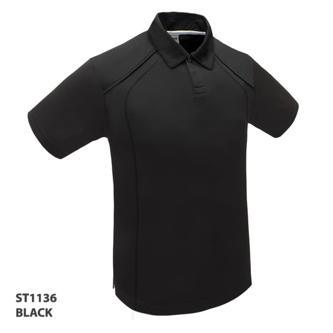A black polo shirt with a collar and short sleeves, featuring a logo on the front.