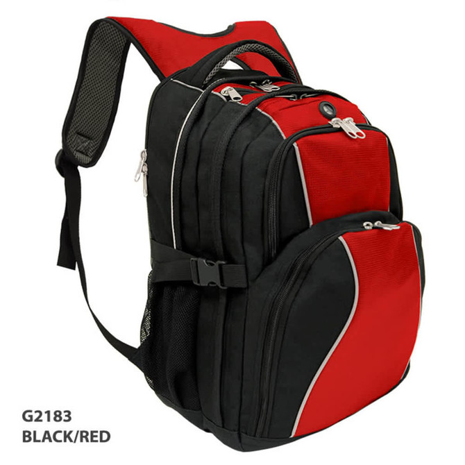 A black and red backpack with multiple compartments, including a mesh side pocket and adjustable straps.