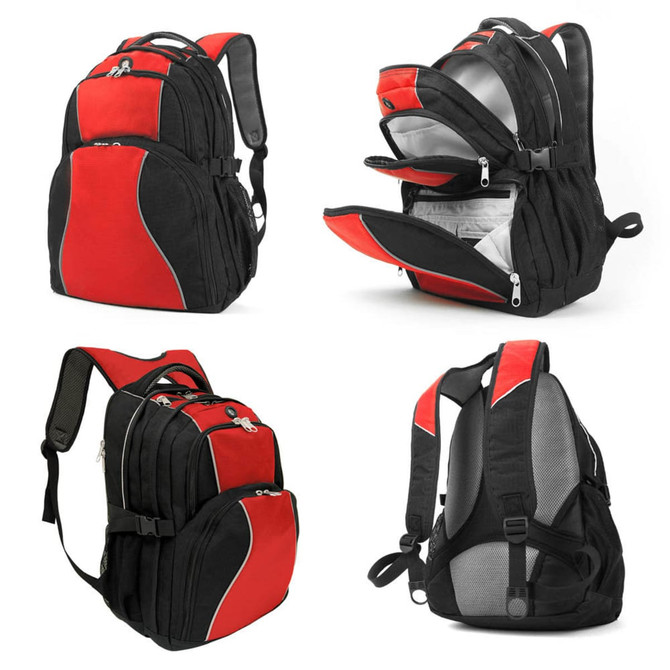A black and red backpack featuring multiple compartments and a logo, showcasing various angles and details.