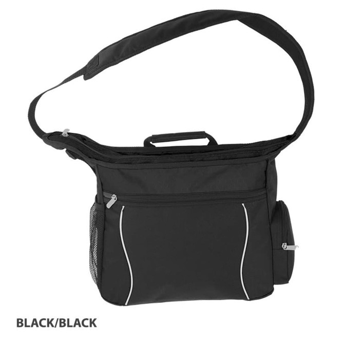 A black laptop bag with an adjustable strap, a top handle, and zippered pockets, featuring a mesh side pocket.