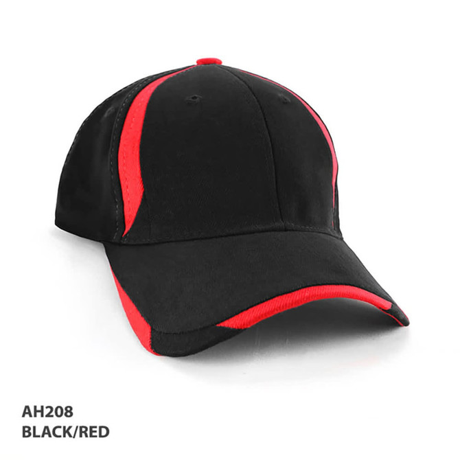 A black cap with red accents and a curved brim, featuring a logo on the front.