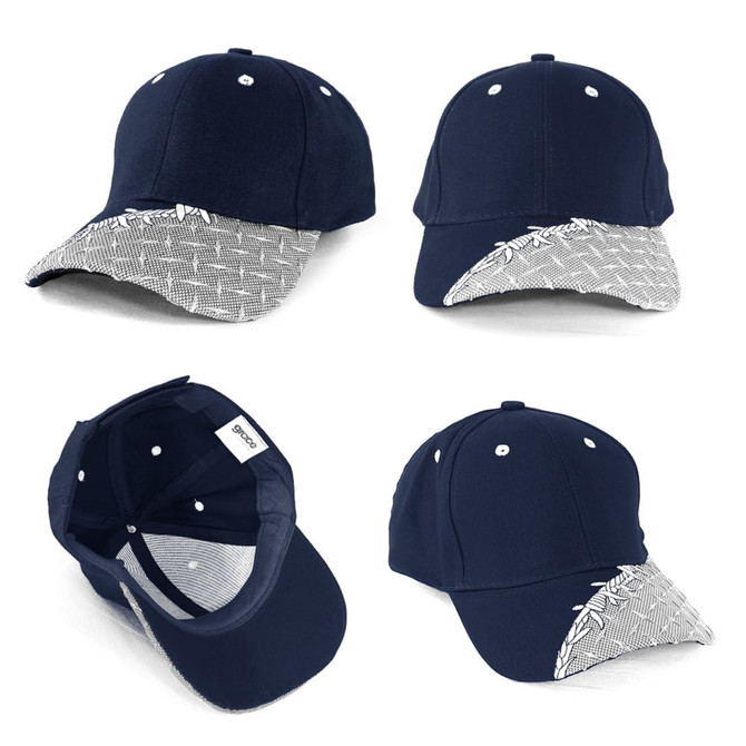 A navy cap featuring a patterned brim and logo, showcased from multiple angles.