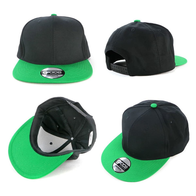 A black cap with a green peak and a branding logo. The cap is shown from multiple angles.