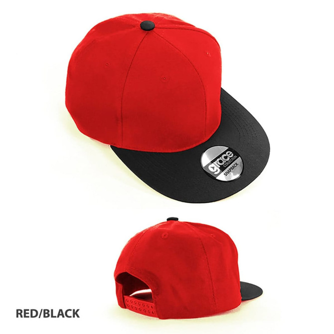 A red and black cap with a flat brim, featuring a logo on the front and an adjustable strap at the back.