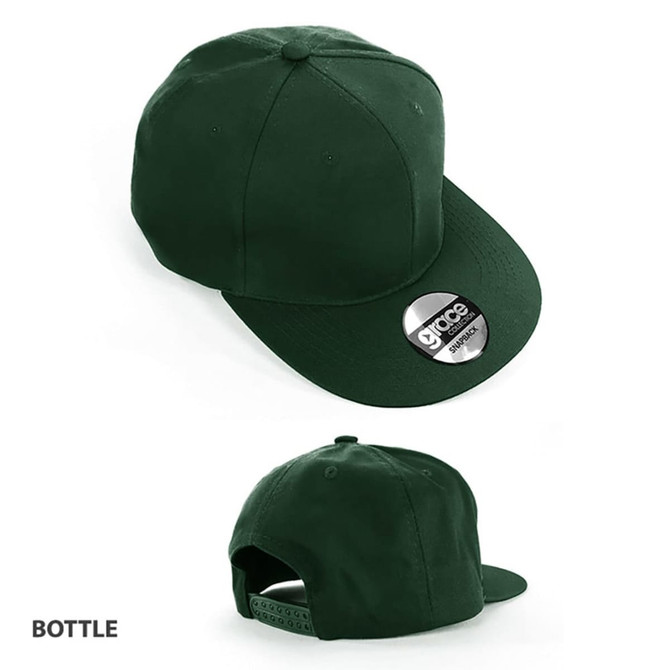 A green cap featuring a flat brim and an adjustable strap at the back, with a logo on the front.