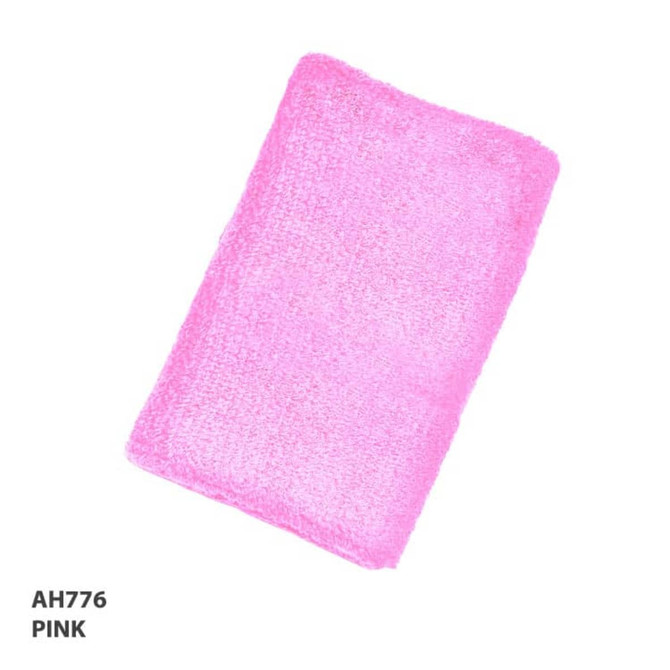 A pink wristband made of soft material, featuring a logo. Suitable for events and exhibitions.