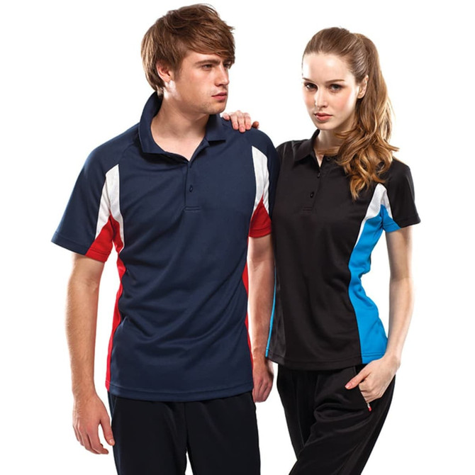 Two people wearing "Verve Polos" in navy blue and black, featuring red and blue accents. Both have a logo.