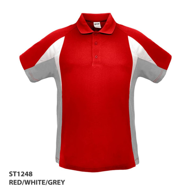 A red polo shirt with white and grey accents, featuring a collar and short sleeves. It has a logo on the chest.