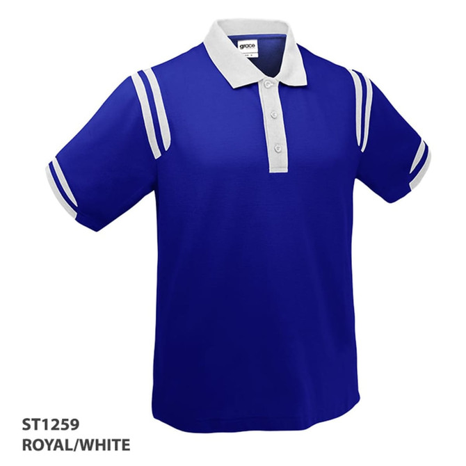 A royal blue polo shirt with white collar and stripes, featuring a logo on the chest.