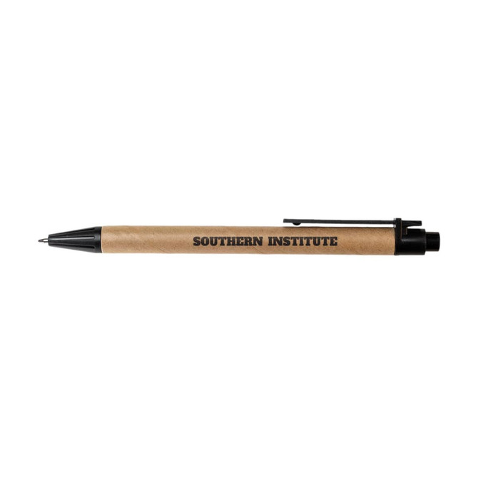 A brown pen with a black clip and a logo printed on the side, featuring a smooth writing tip.