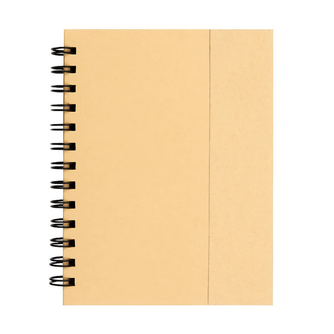 A spiral-bound notebook with a plain, kraft paper cover and a side pocket. The notebook is tan in colour.
