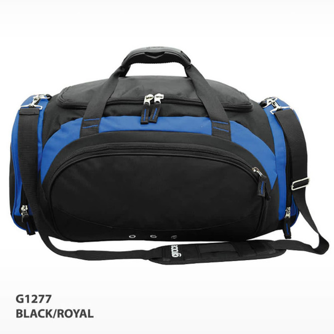 A black and royal blue duffle bag featuring a logo, zippered pockets, and dual handles.