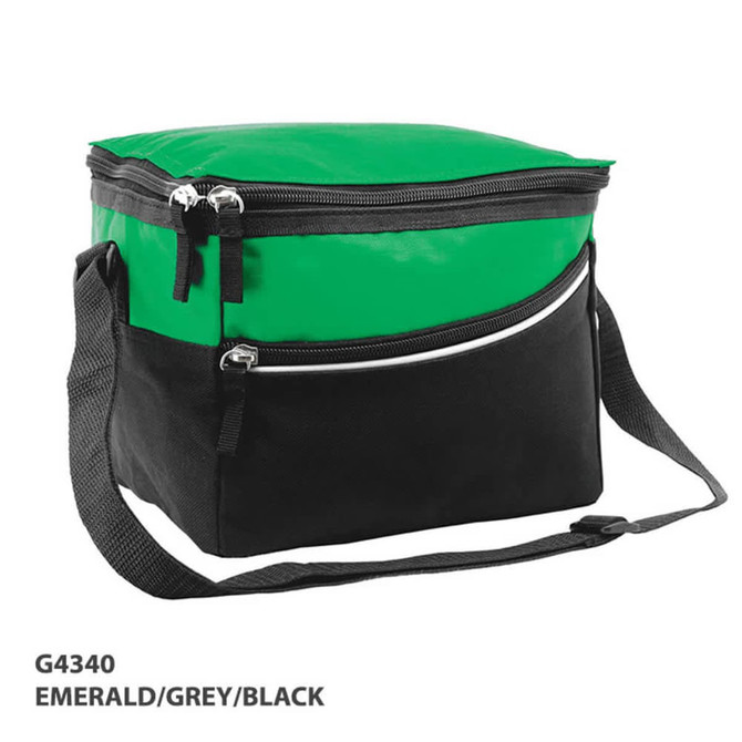 A cooler bag in emerald green and black, featuring a zippered top and front pocket, with an adjustable strap.
