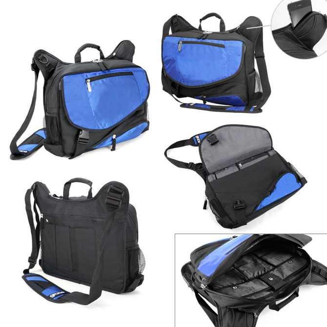 A wheeled bag featuring a black and blue design, with multiple compartments and a logo.