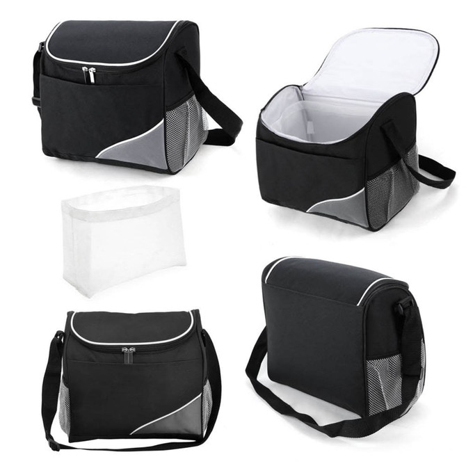 A black cooler bag with a zippered top, front pocket, and mesh sides, featuring a detachable white interior liner.