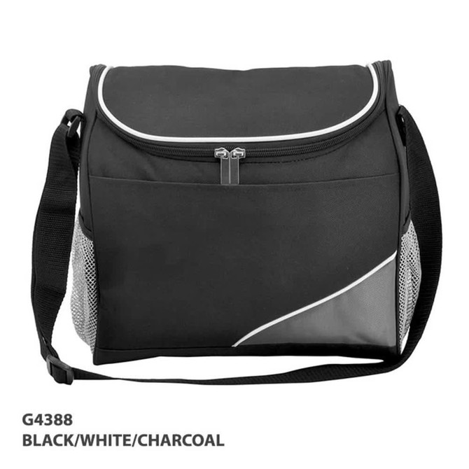 A black and white cooler bag with a charcoal accent, featuring a shoulder strap and mesh sides.