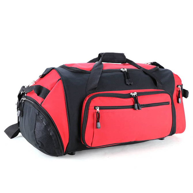 A red and black duffle bag with multiple zippered compartments and a side mesh pocket, featuring a logo.