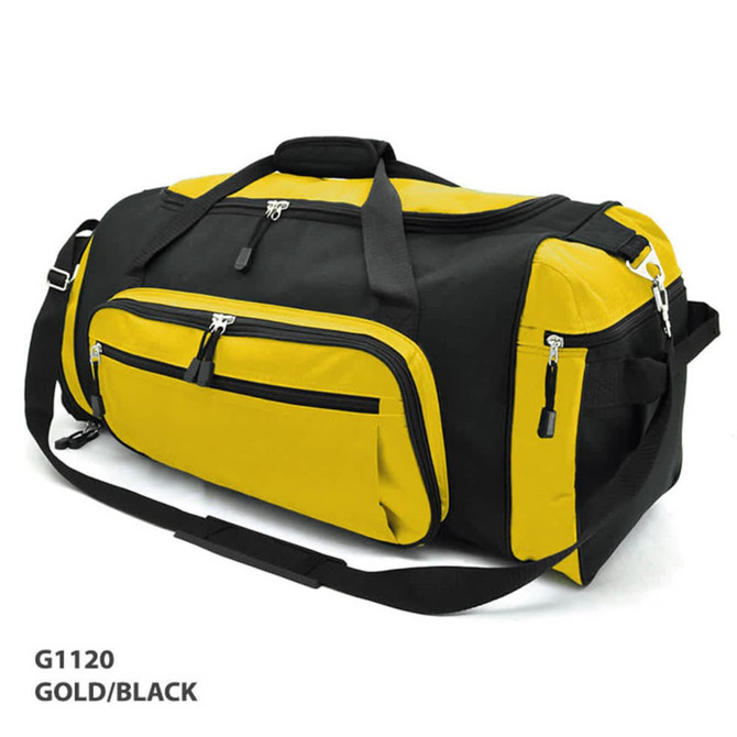 A duffle bag in black and gold, featuring multiple zippered compartments and a detachable shoulder strap.