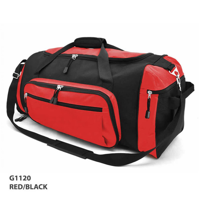 A duffle bag in red and black with multiple zippered pockets and a shoulder strap. It features a branding logo.