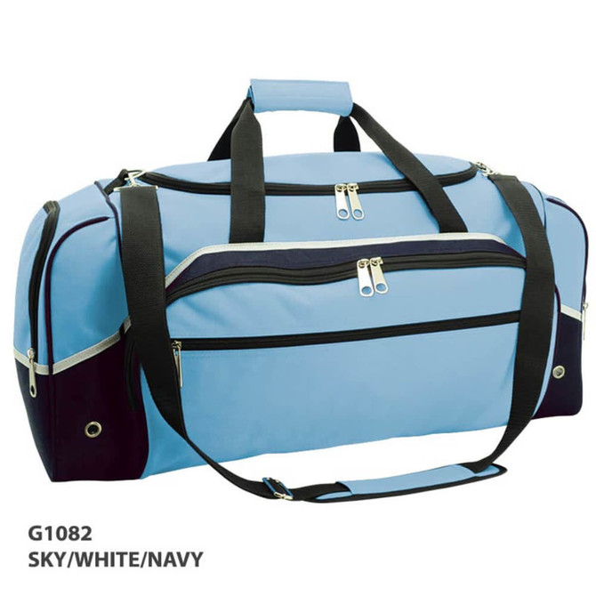 A duffle bag in sky blue, white, and navy, featuring zippers and a detachable shoulder strap. Includes a logo.