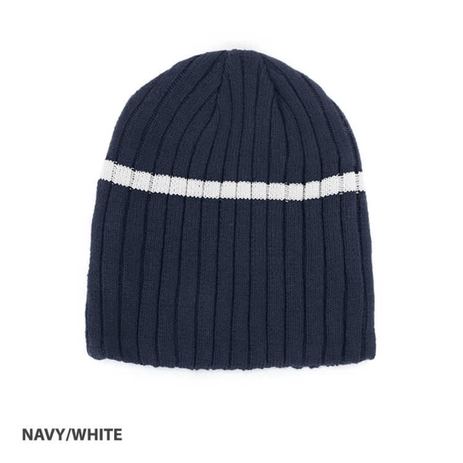 Acrylic cable knit beanie in navy with a white stripe and a logo.