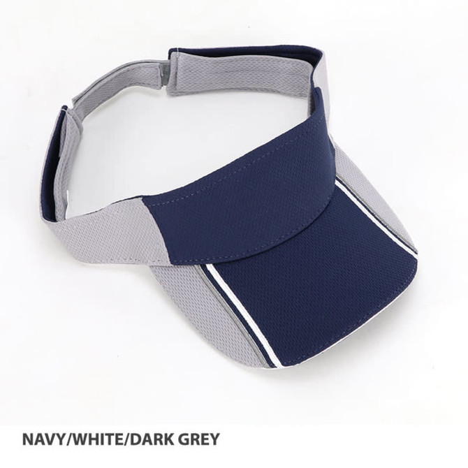 A navy, white, and dark grey Mesh Knit Visor with a structured brim and a branding logo.