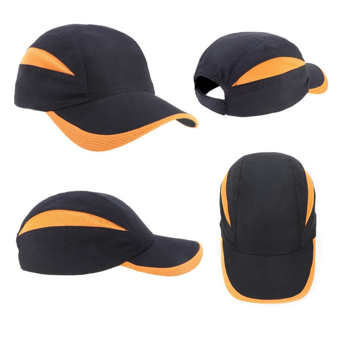 A black and orange Summit Microfibre 7Panel Cap featuring a logo, showcasing multiple angles of the headwear.