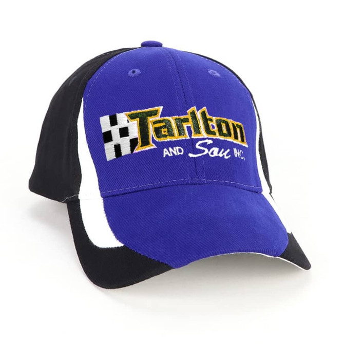 A blue and black baseball cap featuring a branding logo on the front. The design includes contrasting panels.