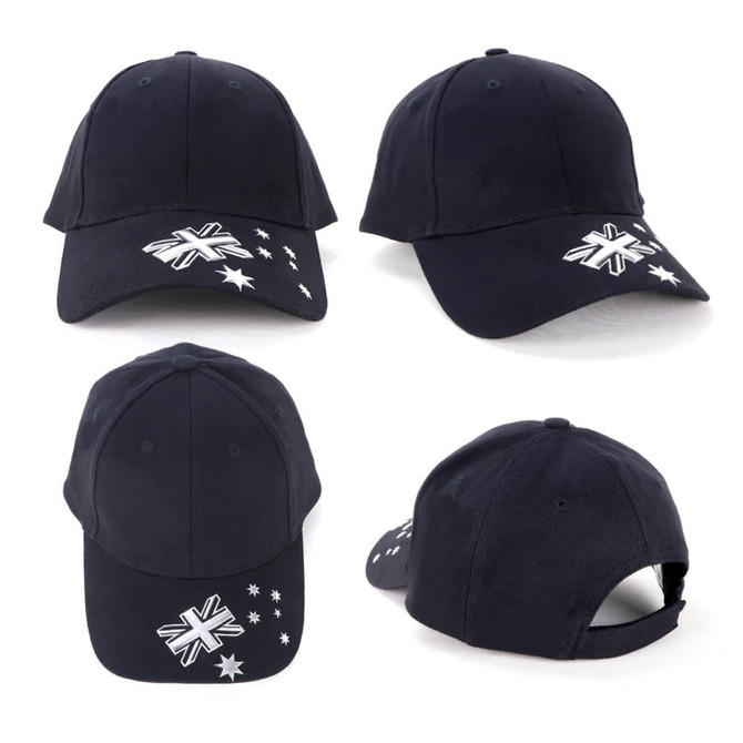 A navy blue cap featuring a logo and star design, displayed from multiple angles.