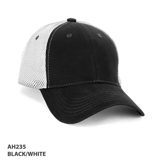 A black and white cap featuring a mesh design and a branded logo on the front.