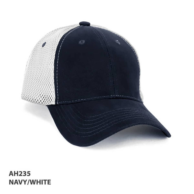 A navy and white mesh cap featuring a structured design and a logo on the front.