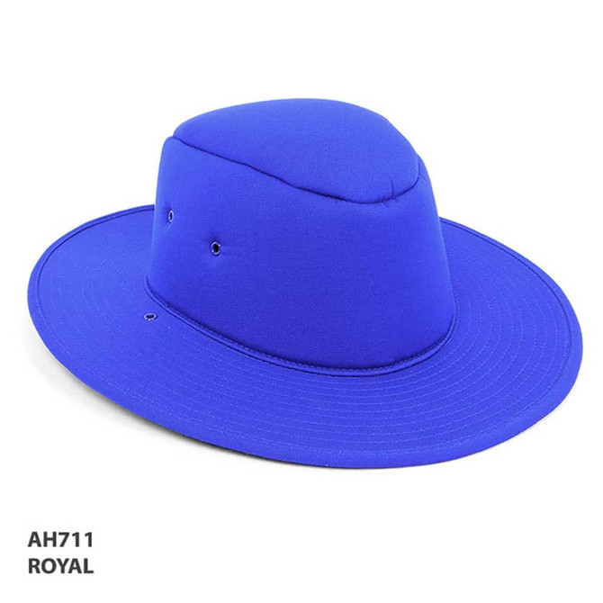 A royal blue foam hat with a wide brim and an indented crown, featuring ventilation holes and a logo.