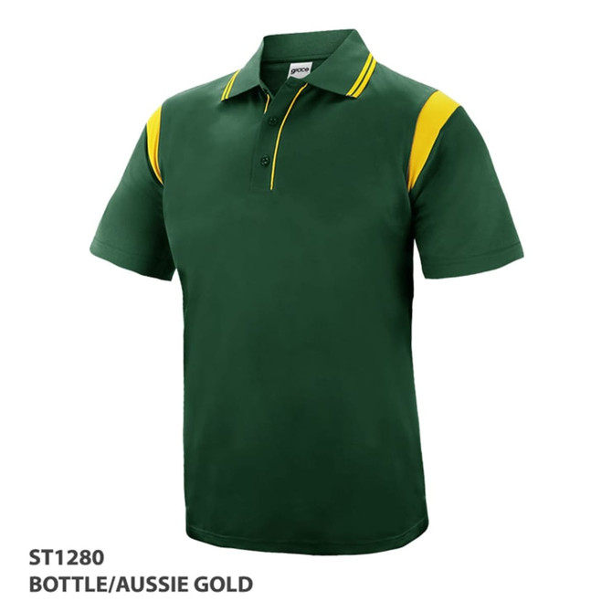 A polo shirt in bottle green with aussie gold accents and a logo on the chest.