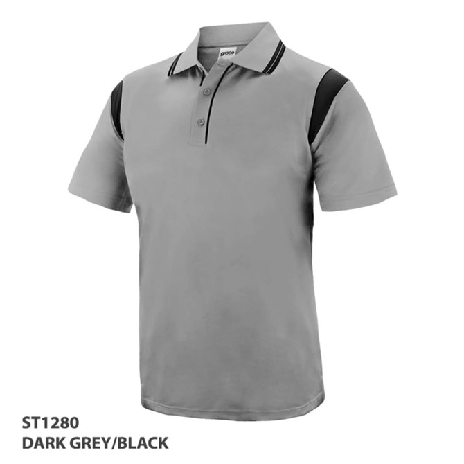 A dark grey and black polo shirt featuring a collar and two-button placket, with contrasting sleeve design and logo.